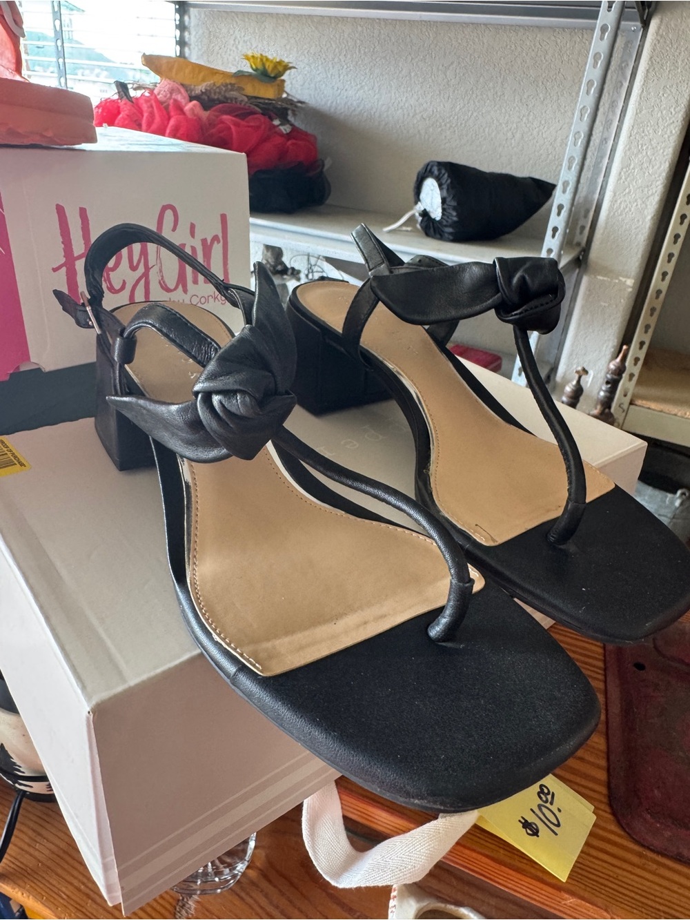 Copper Key Black Knotted T-Strap Block Heel Sandals